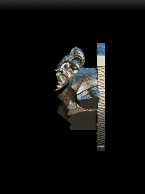 Left Profile emphasizing layered armor flares and muscular neckline