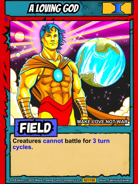 Muscular golden-skinned male deity with flowing blue hair wearing orange toga and red shorts.