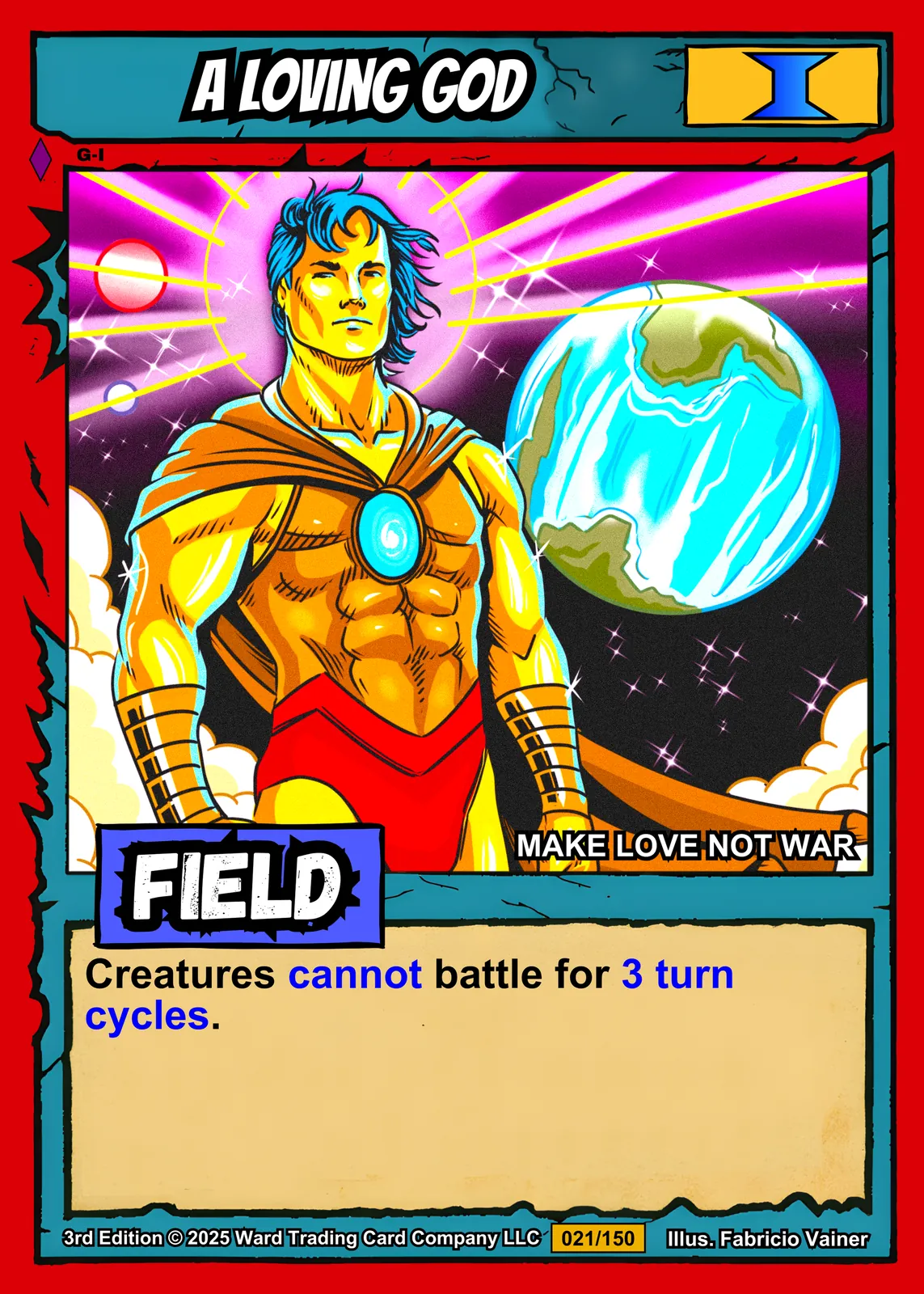 Muscular golden-skinned male deity with flowing blue hair wearing orange toga and red shorts.