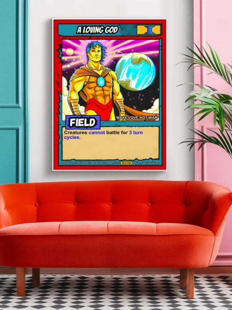 Yellow light beams radiate from behind head forming halo effect.