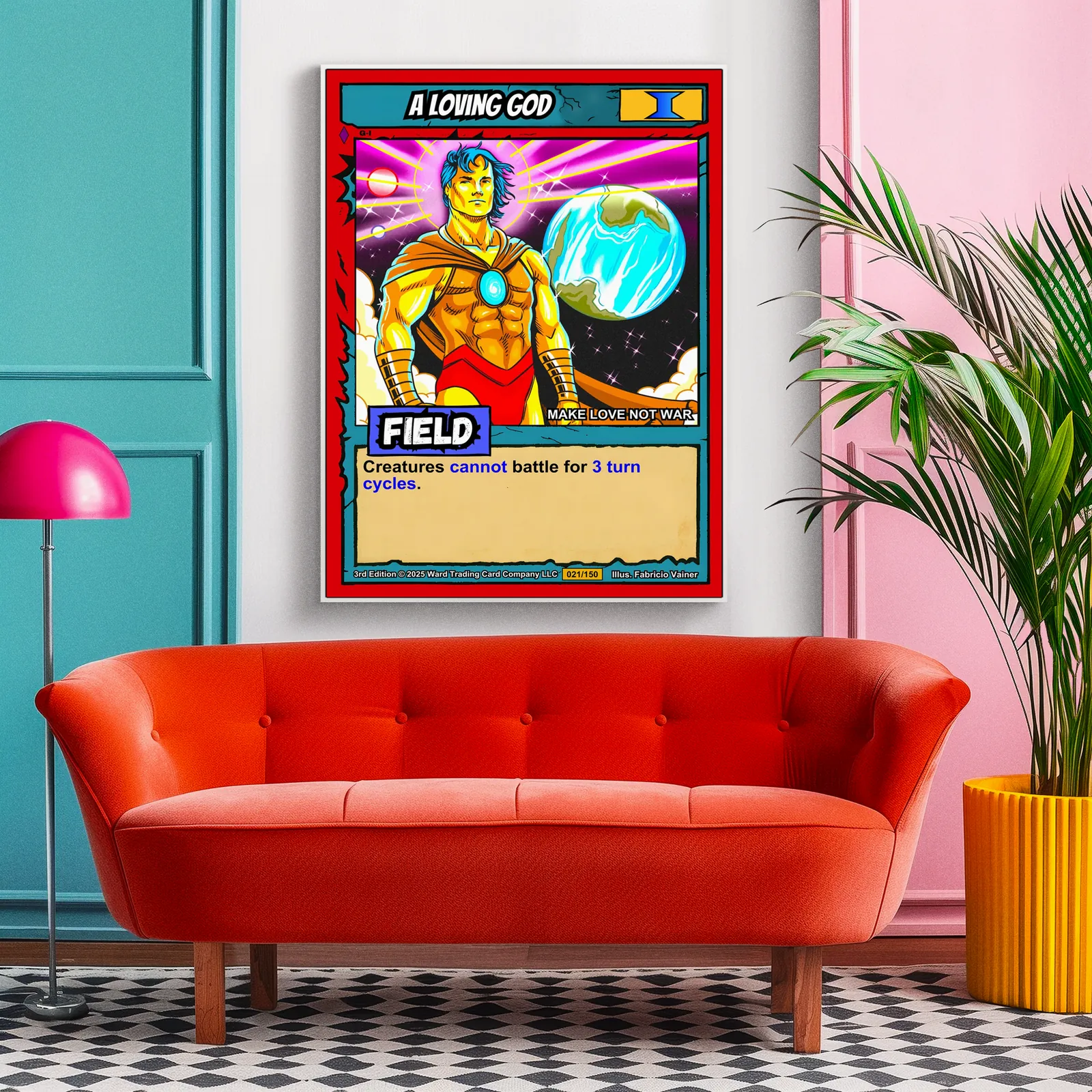 Yellow light beams radiate from behind head forming halo effect.