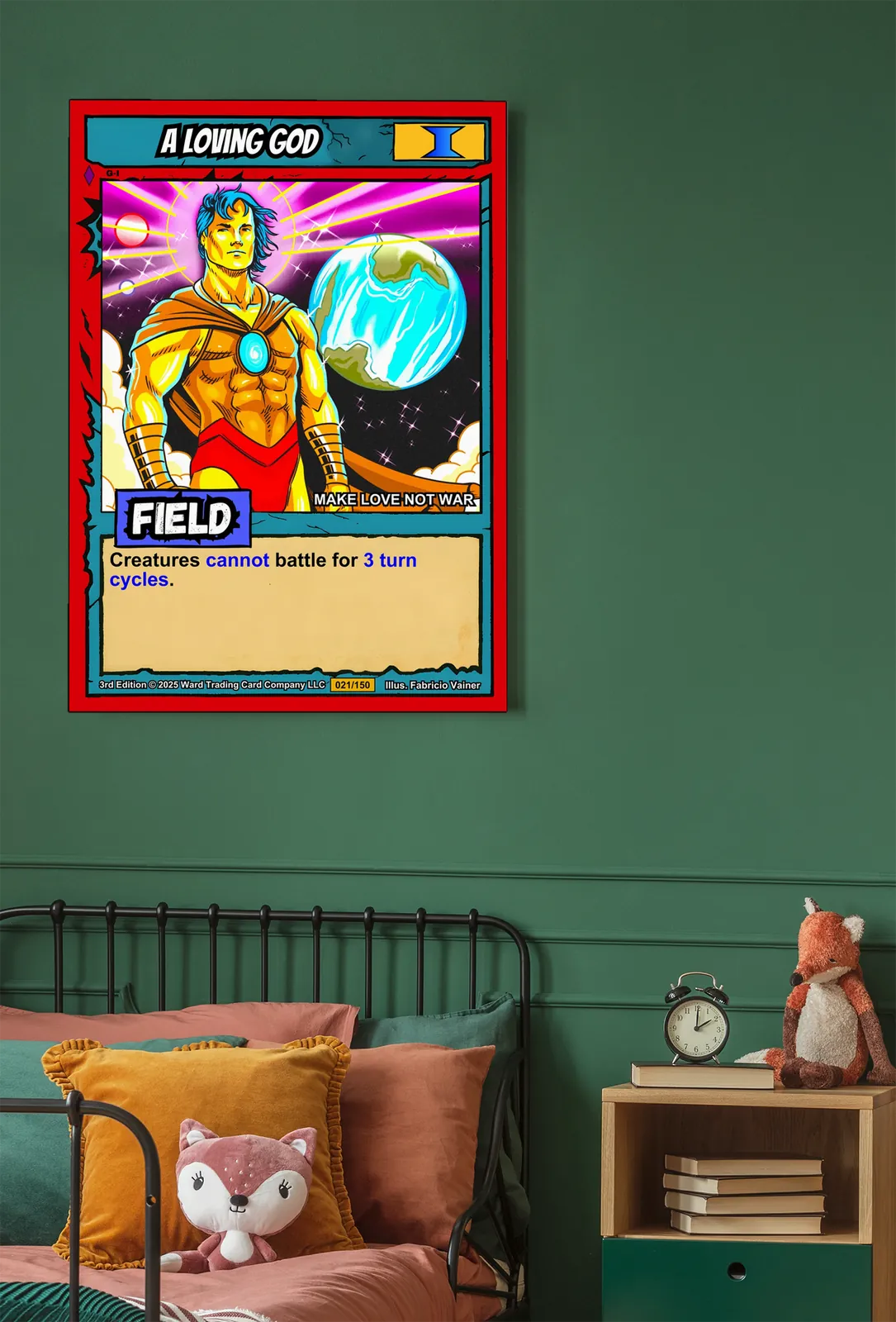 Deity holds or gestures toward stylized Earth globe showing blue oceans and green continents.