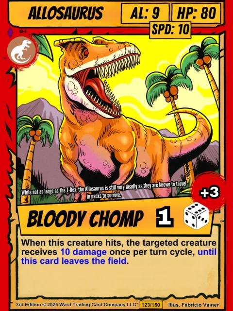 Orange-brown Allosaurus with open jaws showing white teeth and red tongue.