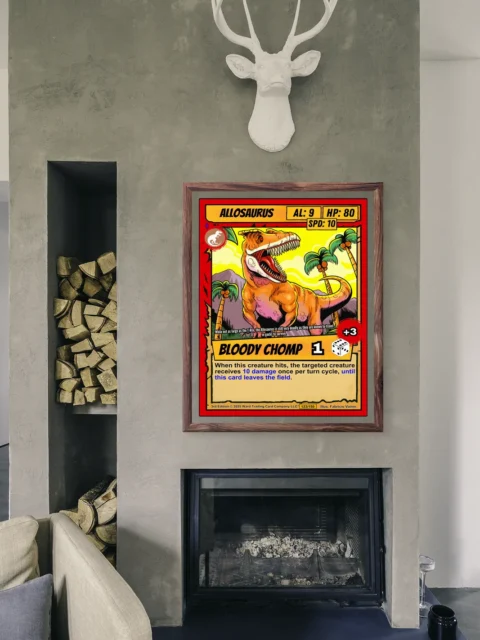 Bold red border framing trading card layout with yellow stat boxes.