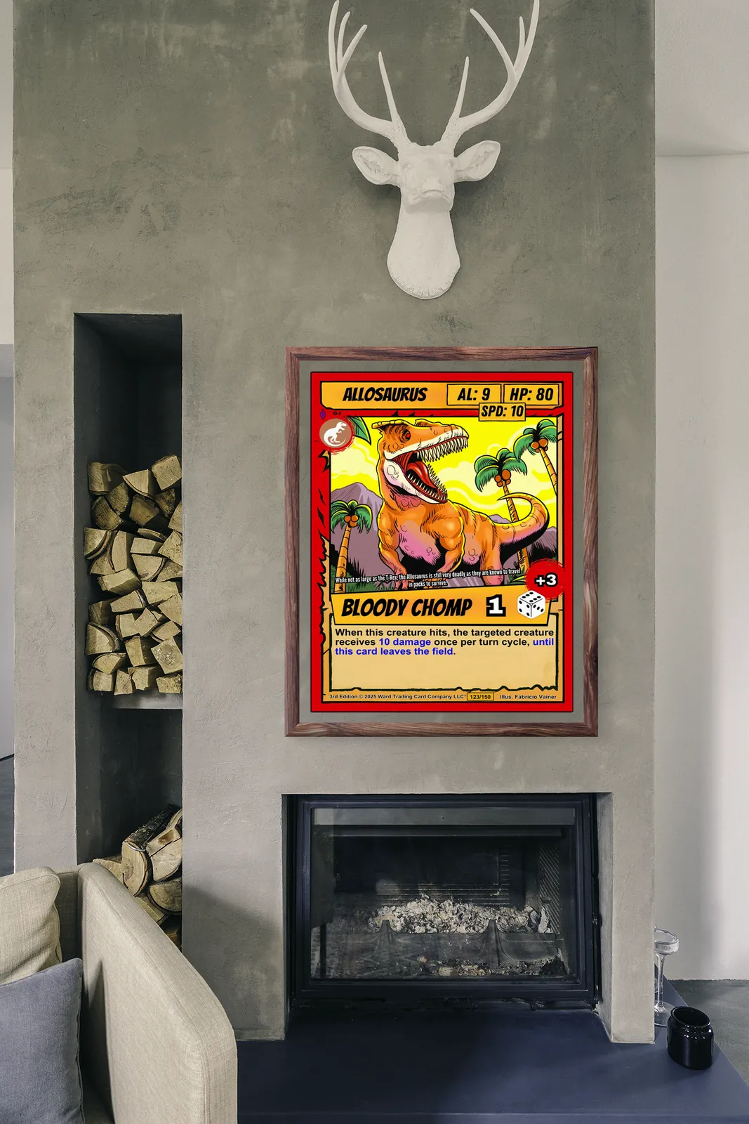 Bold red border framing trading card layout with yellow stat boxes.
