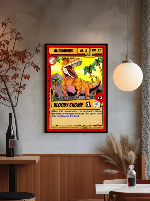 Bright yellow sky with palm trees and purple mountains in background.