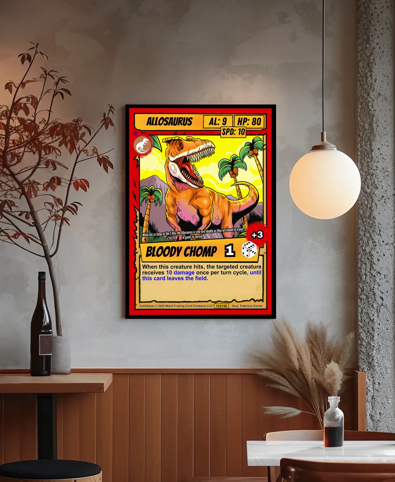 Bright yellow sky with palm trees and purple mountains in background.