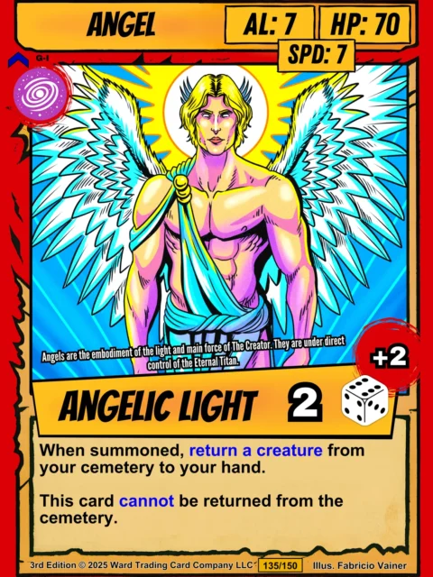 Muscular male angel with flowing blonde hair and golden halo behind his head.