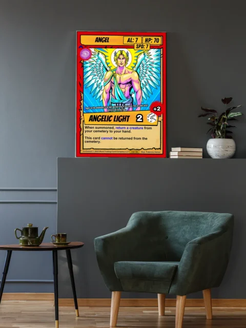 Red bordered trading card with orange ANGEL title banner and yellow stat boxes.