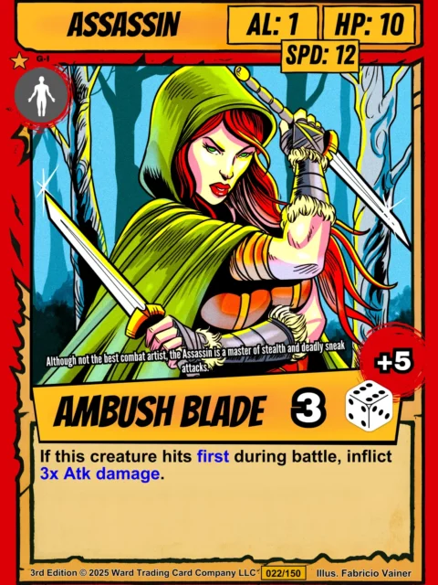Hooded female assassin with flowing red hair drawing a silver blade.