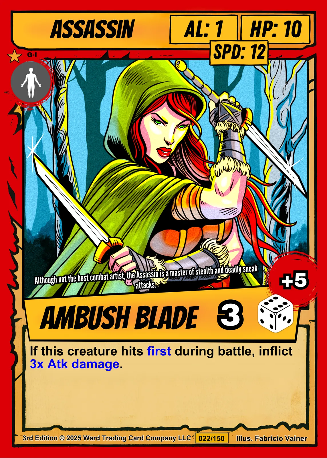 Hooded female assassin with flowing red hair drawing a silver blade.