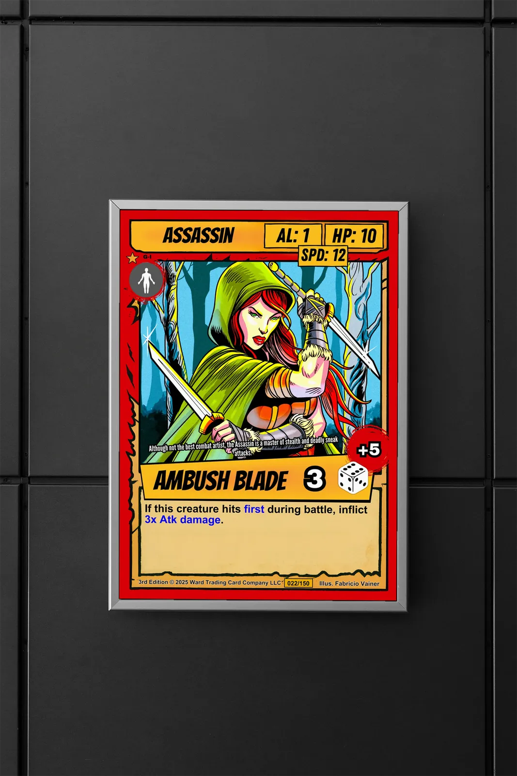 Intense green eyes and combat-ready expression in comic book style.