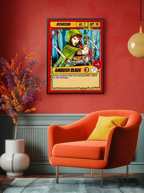 Blue forest background with dark tree silhouettes behind the figure.