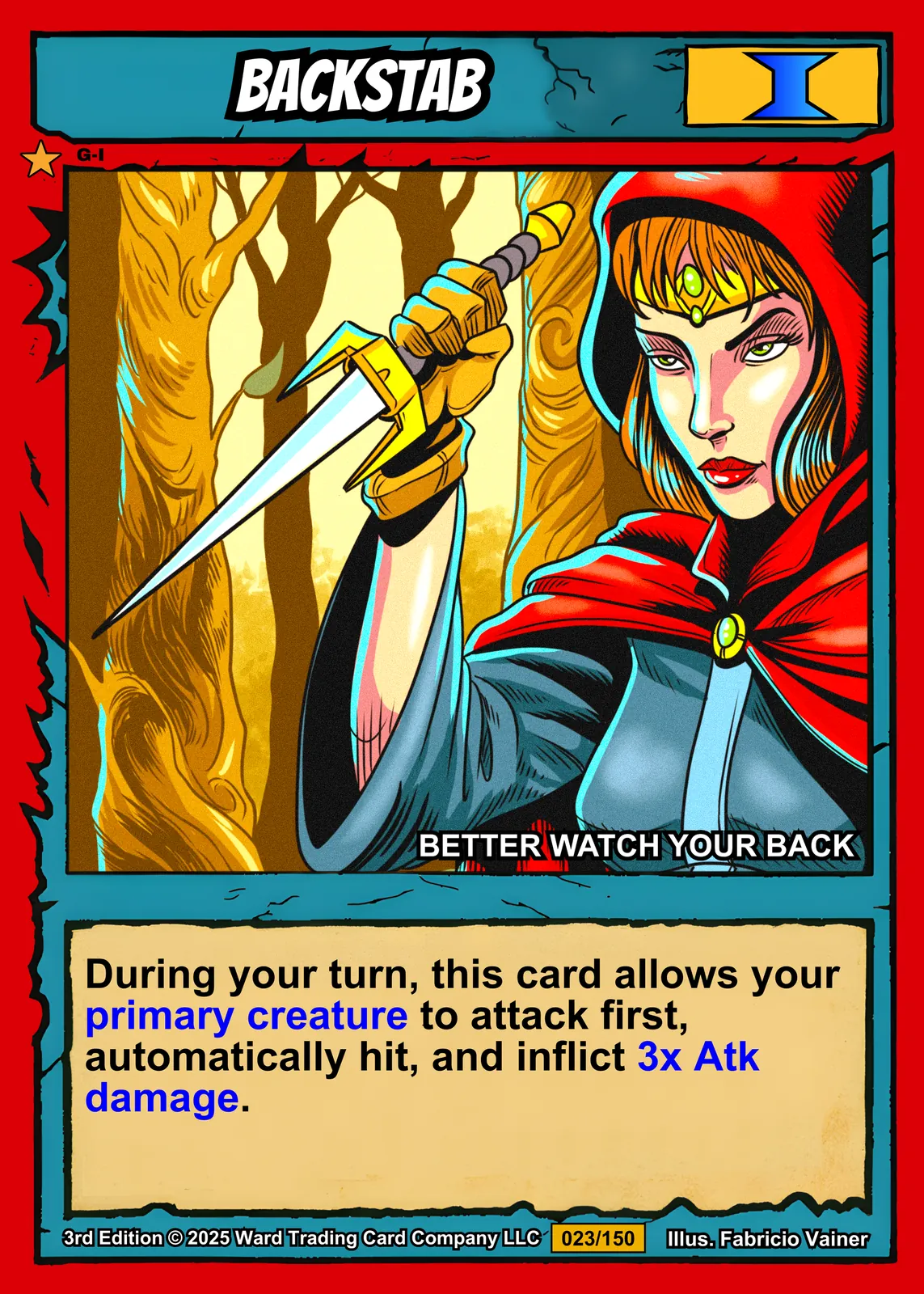 Red hooded female assassin with flowing orange hair drawing a dagger in ready stance.