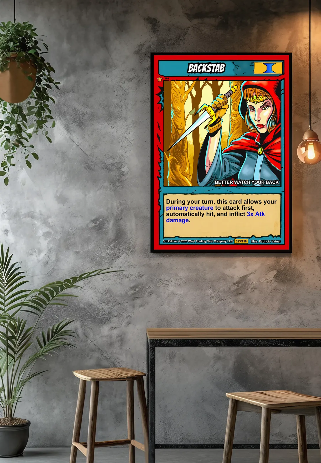 Stylized forest backdrop with orange-brown tree trunks in flat color technique.