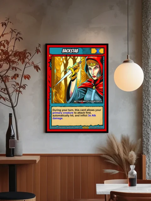 Bold red border with jagged black edge detailing framing full card composition.