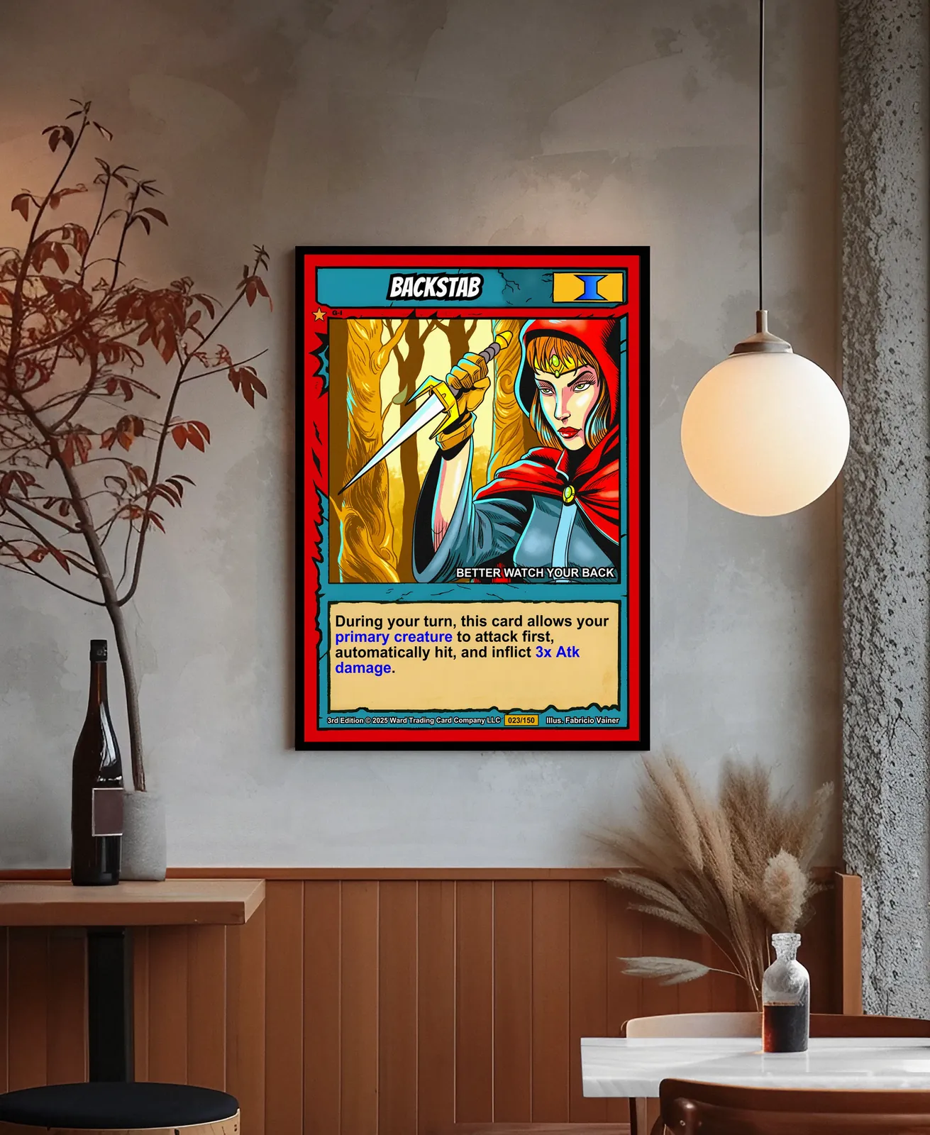 Bold red border with jagged black edge detailing framing full card composition.