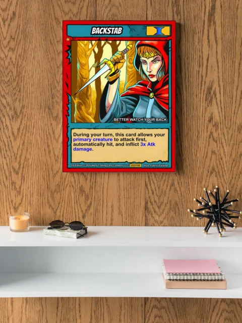 Blue title banner reading BACKSTAB in white outlined text above central illustration.