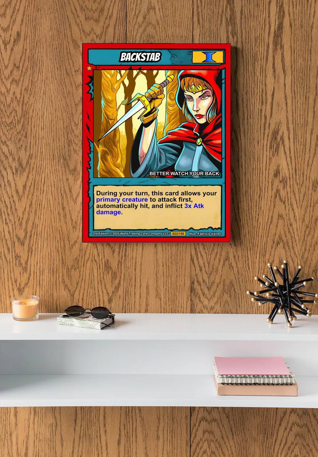 Blue title banner reading BACKSTAB in white outlined text above central illustration.