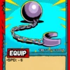 Purple-gray metallic sphere connected by chain links to open ankle shackle on bright cyan background.