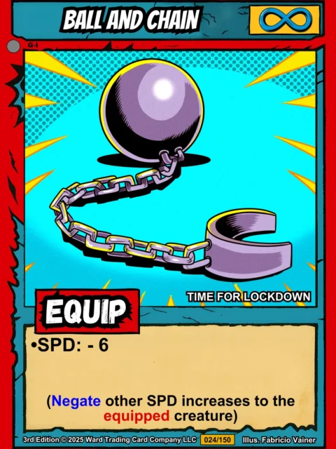 Purple-gray metallic sphere connected by chain links to open ankle shackle on bright cyan background.