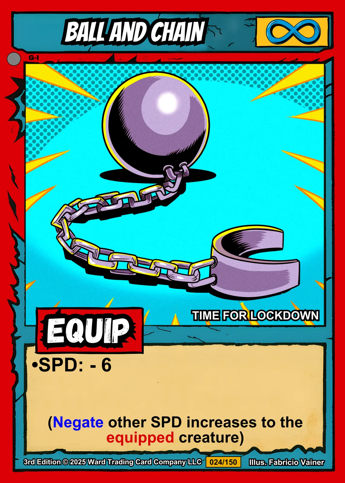 Purple-gray metallic sphere connected by chain links to open ankle shackle on bright cyan background.
