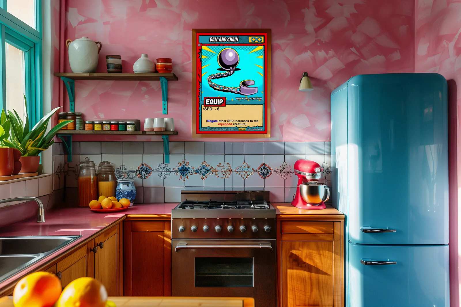 Yellow action burst lines radiating outward behind ball and chain illustration.