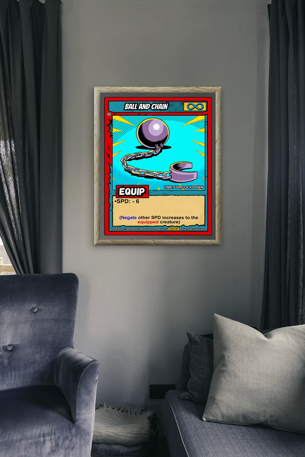 Red border with jagged black inner edges framing trading card design.