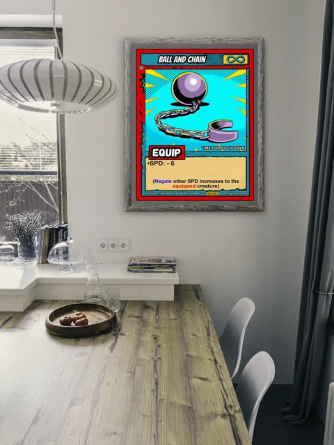 Yellow title banner reading BALL AND CHAIN in black gothic lettering at top.