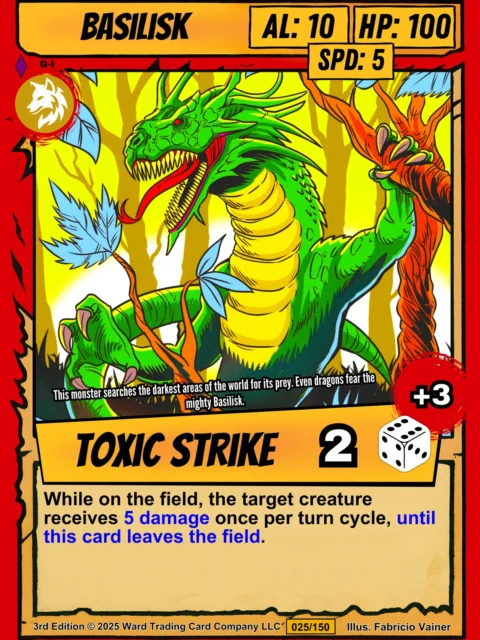 Green serpentine basilisk with dragon-like features and spiny head crest in aggressive pose.