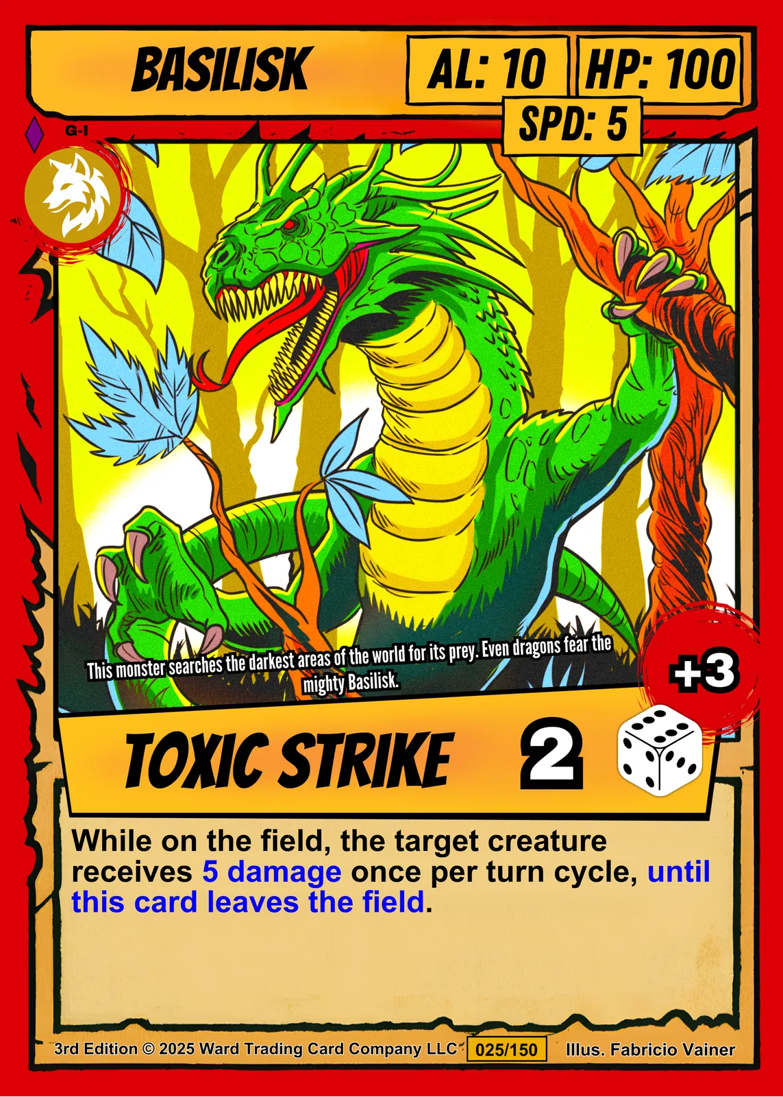 Green serpentine basilisk with dragon-like features and spiny head crest in aggressive pose.