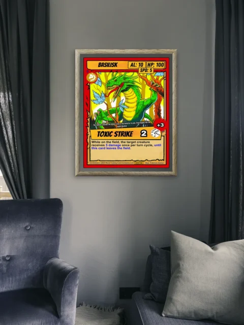 Yellow-toned forest background with brown tree trunks and blue leaf accents.