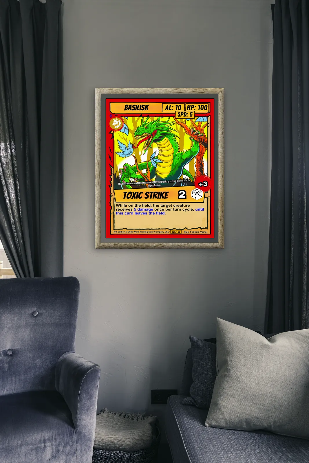 Yellow-toned forest background with brown tree trunks and blue leaf accents.