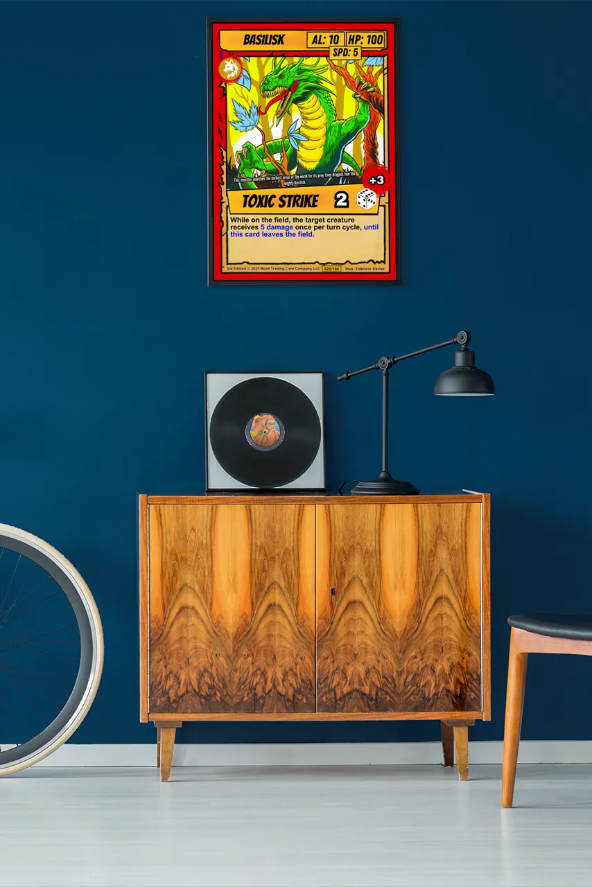 Red border framing orange-yellow header with BASILISK text in blue outlined letters.