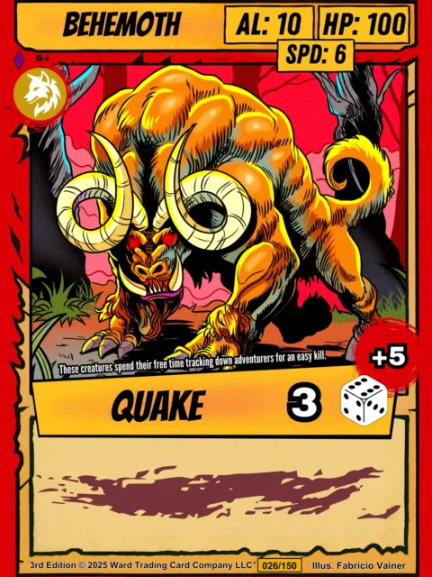 Massive orange-furred beast with large spiral ram horns and glowing red eyes in aggressive forward pose.