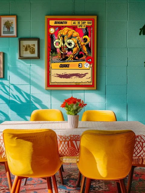 Muscular creature with golden-yellow highlights on humped back and fluffy tail against red sky.