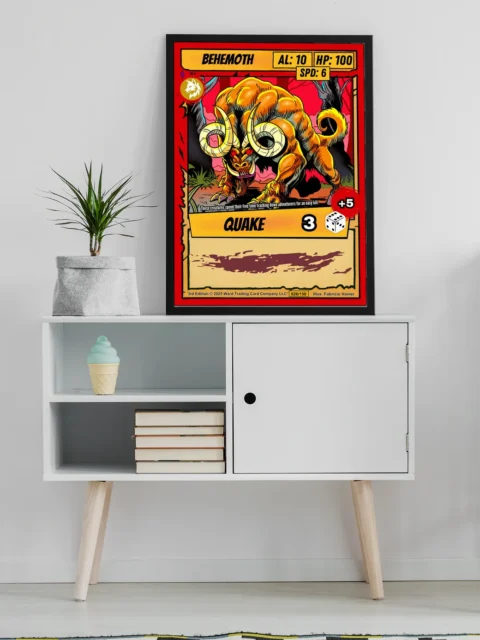 Yellow title banner reading BEHEMOTH at top with white wolf icon in circular emblem.