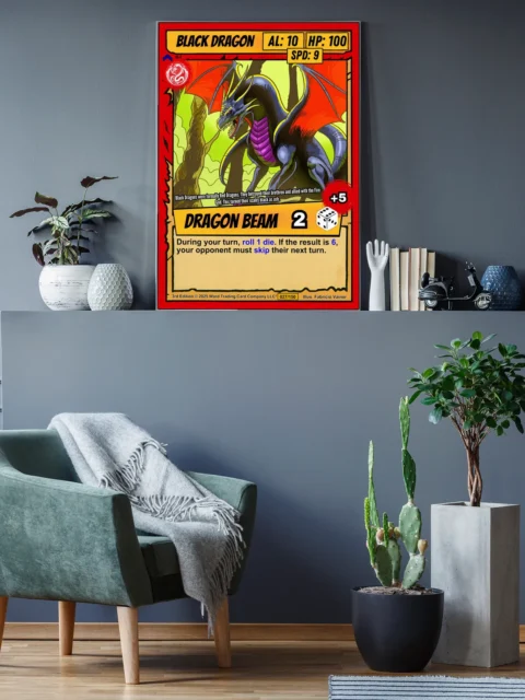 Yellow accent lines running along dragon's spine and wing bones with red membrane stretched between.