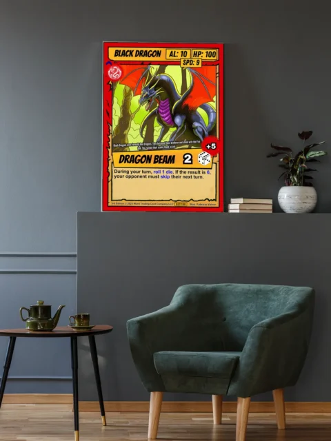 Thick red border framing weathered tan inner frame with BLACK DRAGON title banner in blue text.