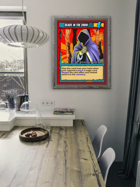 Twisted brown tree trunks against vibrant red-orange sky with swirling patterns.