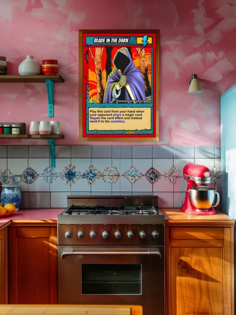 Bold red border with yellow title banner in stylized italic font.