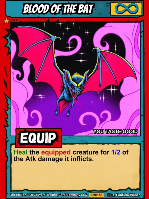 Vampire bat with blue-gray body and bright magenta-pink wing membranes outlined in yellow.