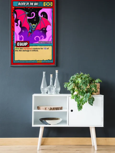 Glowing red eyes and visible fangs with blood dripping from the bat's snarling mouth.