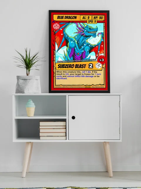 Red outer border with tan weathered parchment inner frame and top stat boxes.