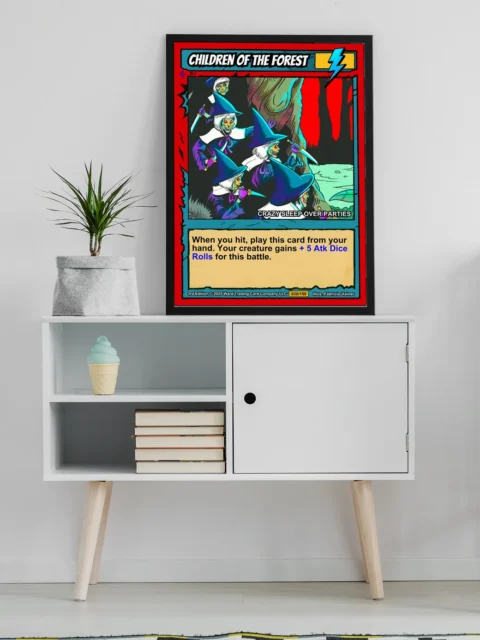 Dark forest scene with large central tree trunk and blood-red dripping elements.