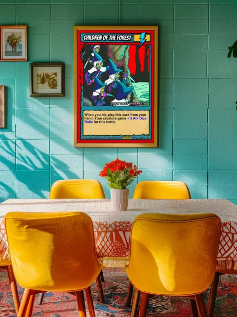 Red border with jagged black edges framing trading card artwork.