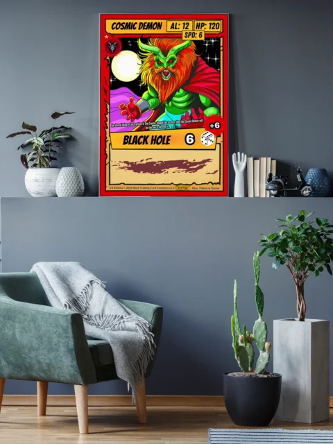 Red border with torn edges framing yellow title banner reading COSMIC DEMON.