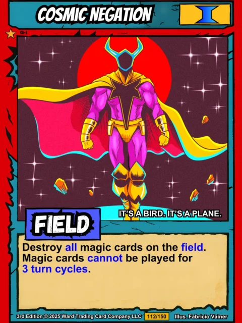 Muscular superhero with blue and magenta horned helmet floating in space with arms outstretched.