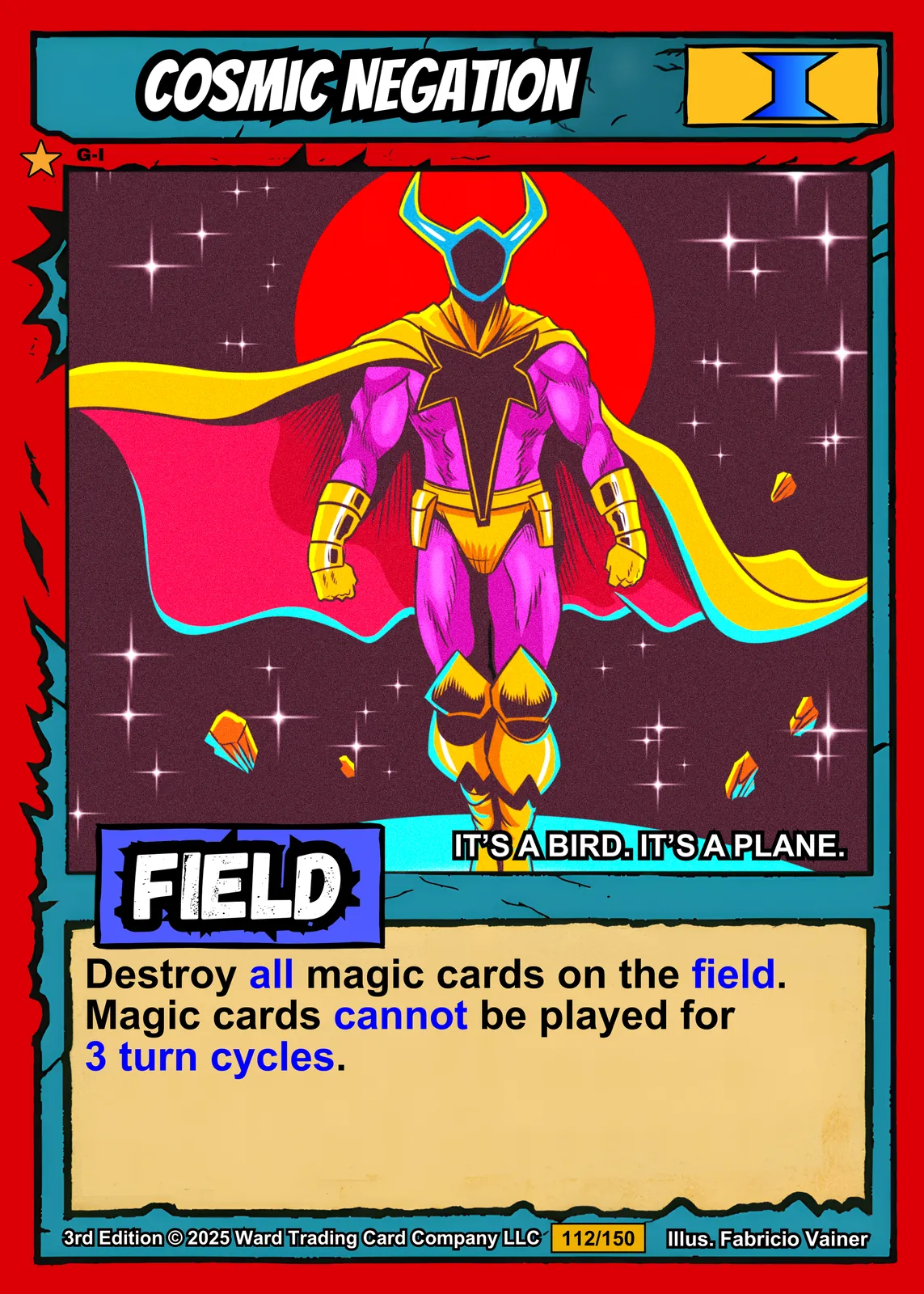 Muscular superhero with blue and magenta horned helmet floating in space with arms outstretched.