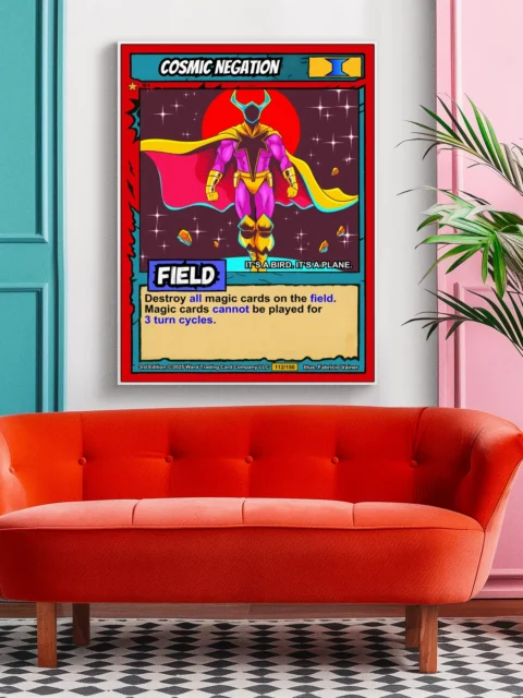 Character wearing magenta bodysuit with black star emblem and golden gauntlets and boots.